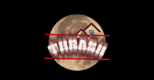 Circular logo with 'thrash' text and a red cross over it on a dark background